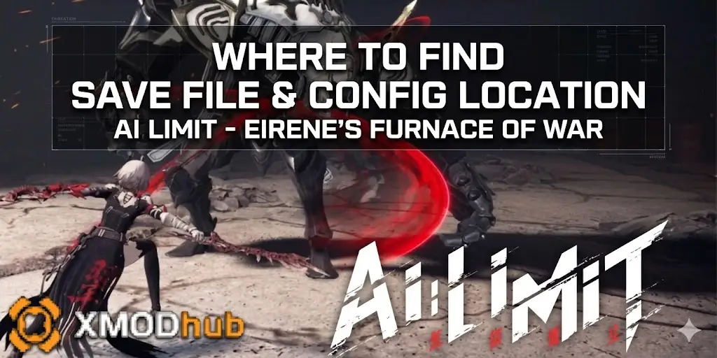 Guide graphic for finding AI LIMIT save and config files. Features character Aris battling the Eirene's Furnace of War mech.