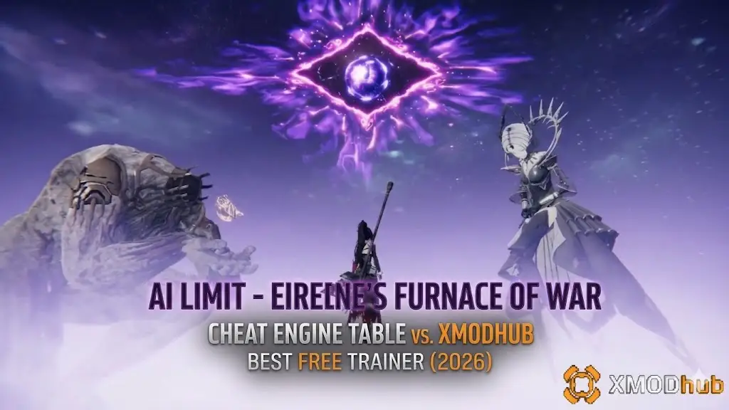 Guide graphic for AI LIMIT - Eirene's Furnace of War. Comparing Cheat Engine Table vs. XMODhub for the best free trainer (2026). Features game characters and a large cosmic portal.