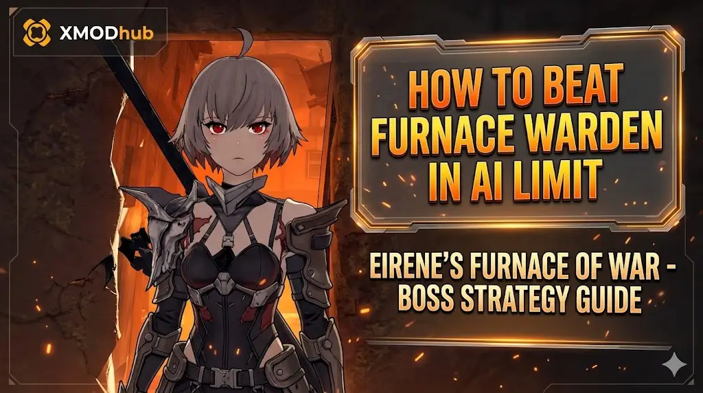 SEO guide header image titled 'How to Beat Furnace Warden in AI LIMIT,' with character Eirene and XMODhub logo.