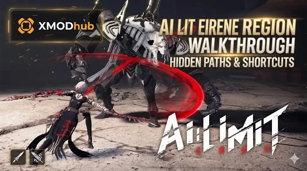 Action gameplay screenshot of AI: LIMIT, featuring a character fighting a massive mech boss with red energy effects.