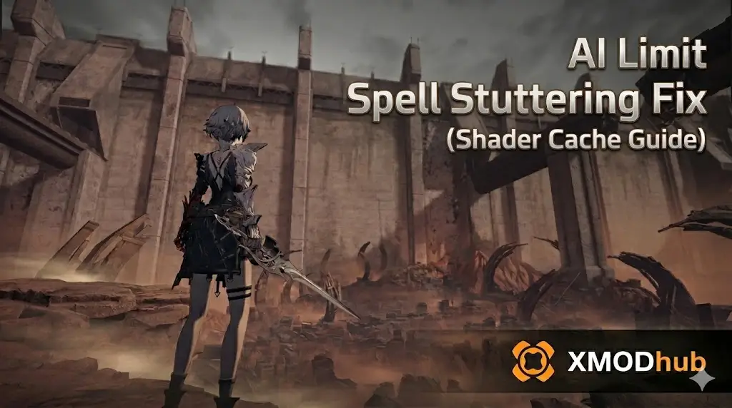 AI:Limit spell stuttering fix guide header featuring Eirene and XMODhub logo.