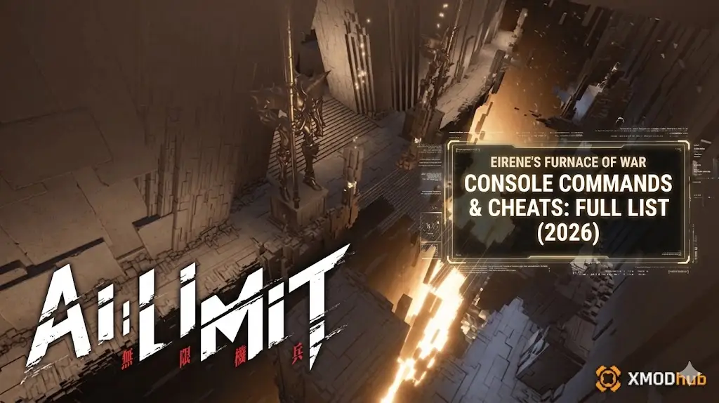 AI: LIMIT Eirene's Furnace Of War DLC Console Commands and Cheats full list guide image (2026), featuring a dark sci-fi structure, golden abyss light, and the XMODhub logo.