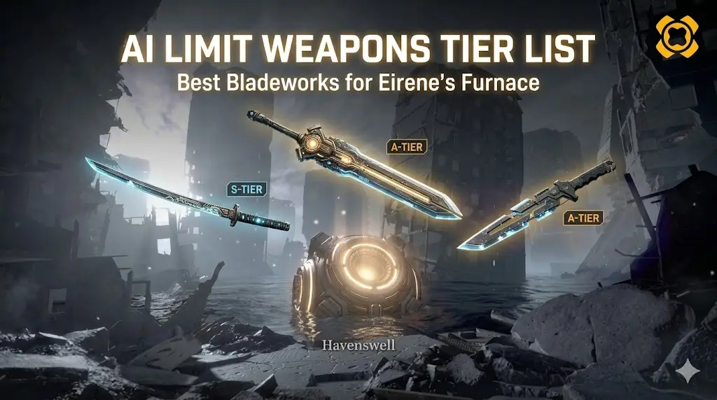 AI Limit best builds guide (Eirene's Furnace of War) featuring a futuristic warrior in a ruined city and XMODhub logo.