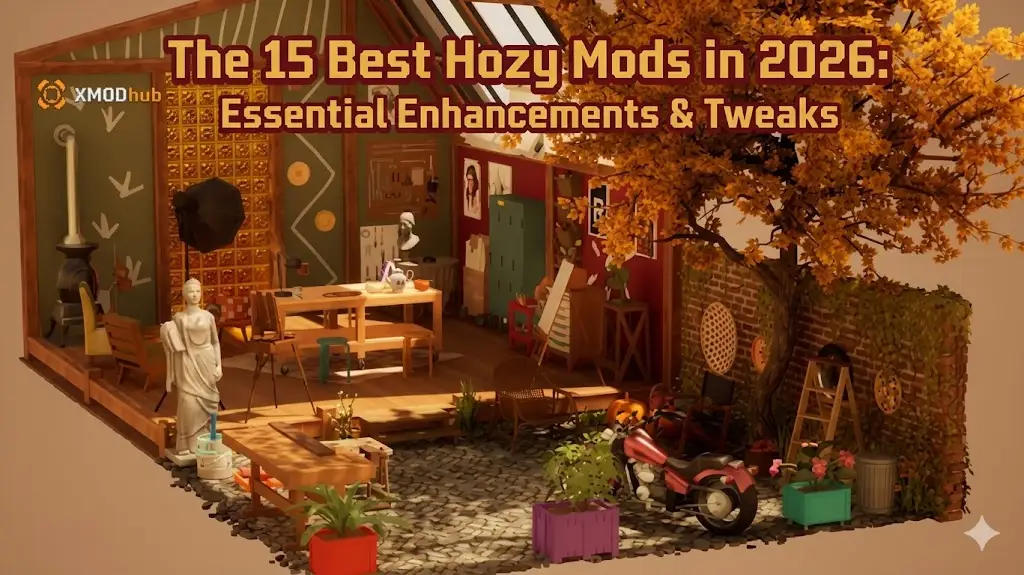 Заголовок блога 15 лучших модов для Hozy 2026 года, с фоном игровой диорамы, стилизованным текстом заголовка и логотипом XMODhub.