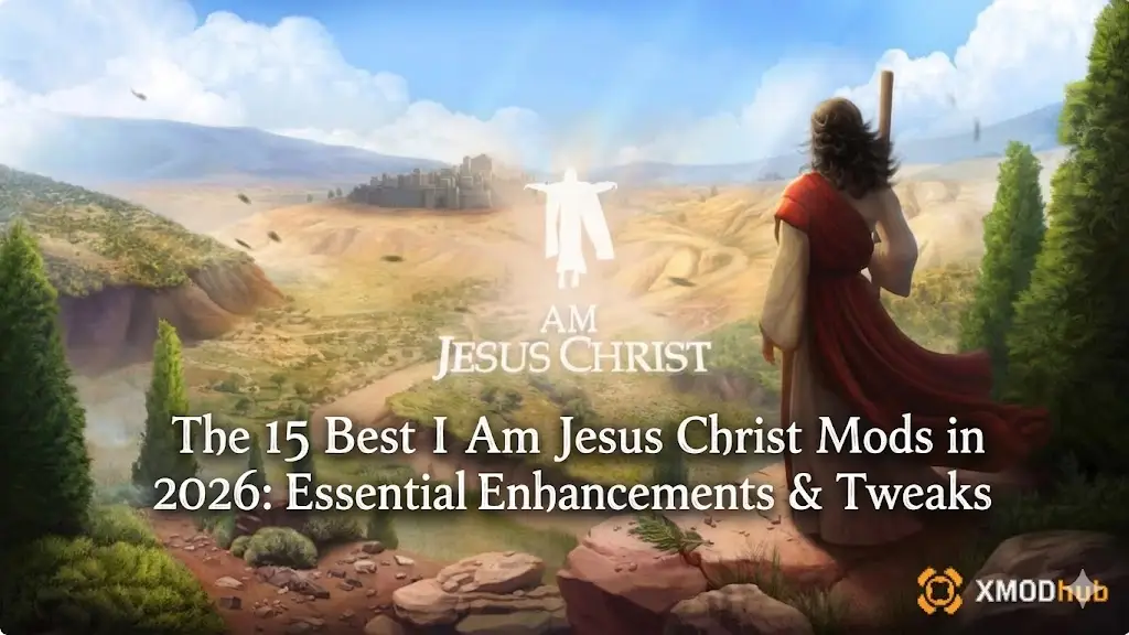 Blog header for 15 Best I Am Jesus Christ Mods 2026, featuring Jesus overlooking Jerusalem with text and XMODhub logo.