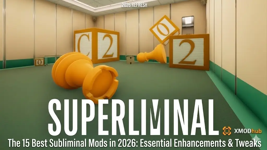 Blog header for 15 Best Subliminal Mods 2026, featuring game room background, stylized title text, and XMODhub logo.