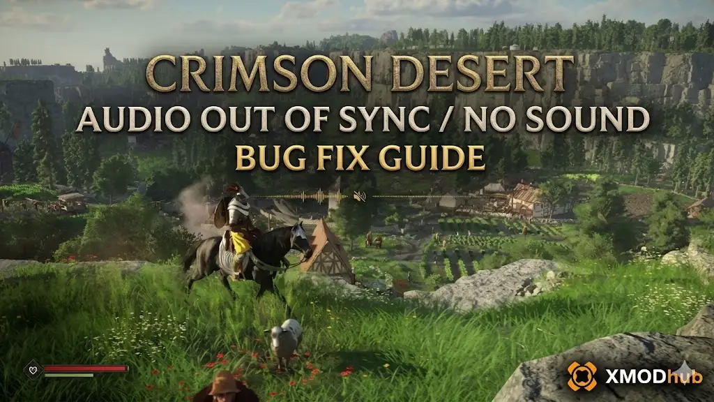 A cinematic hero image for a Crimson Desert SEO blog post, featuring the iconic Hernand valley with a knight on a horse, modified with bold text overlay and the XMODhub logo.