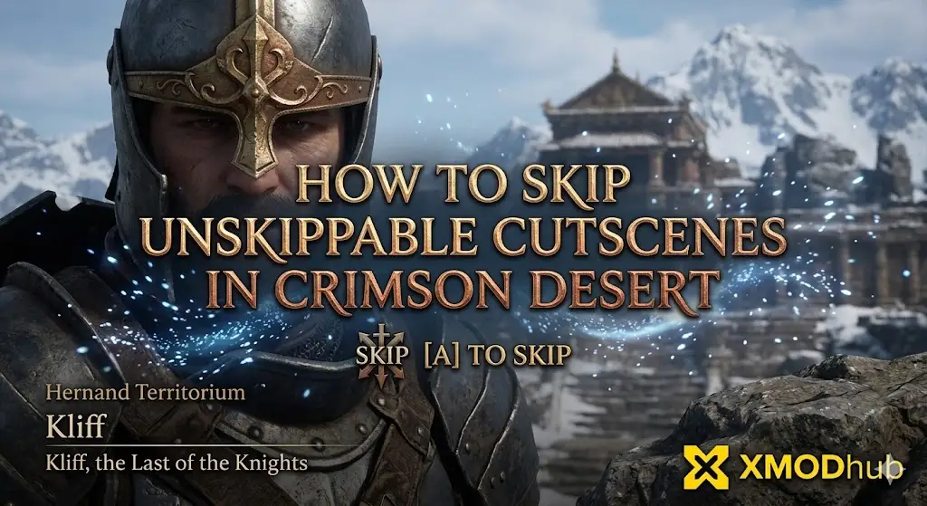 Hero banner for a Crimson Desert SEO guide on skipping unskippable cutscenes, featuring bold text overlay and the XMODhub logo.