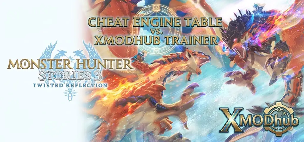 Banner comparing 'CHEAT ENGINE TABLE vs. XMODhub TRAINER' for Monster Hunter Stories 3, showing hunters battling golden monsters.