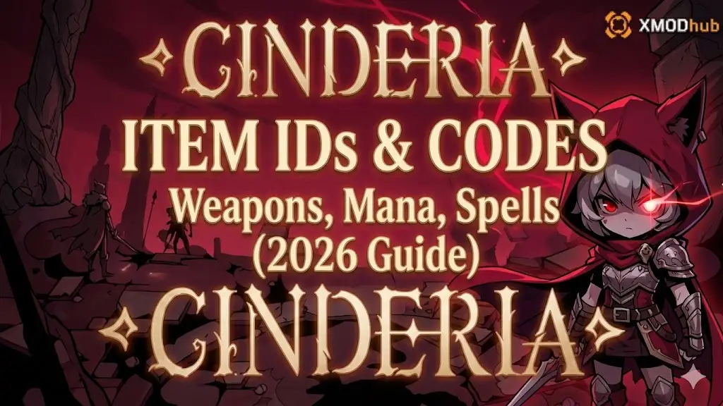 A dark red Chibi knight in a red cloak with a glowing red eye. Large ornate text declares "Cinderia", "ITEM IDs & CODES", "Weapons, Mana, Spells", and "(2026 Guide)".