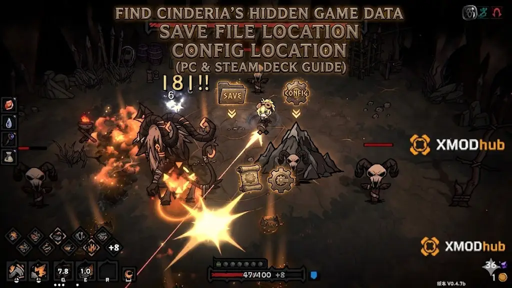 Cinderia save and config file location guide for PC and Steam Deck, featuring dark fantasy combat gameplay with overlayed folder icons and XMODhub logo.