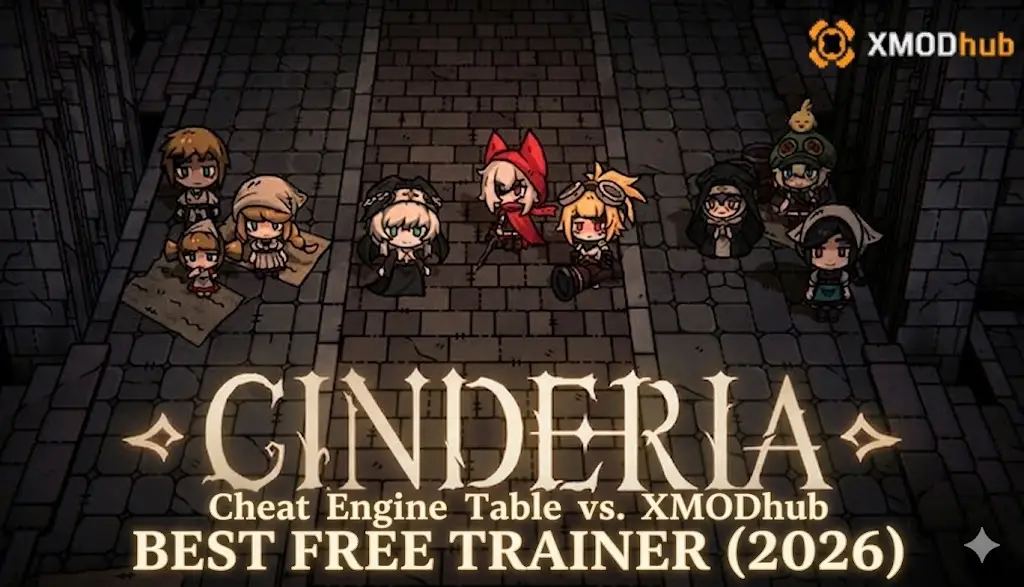Cinderia XMODhub vs Cheat Engine trainer comparison graphic featuring pixel art characters and "BEST FREE TRAINER (2026)" text.