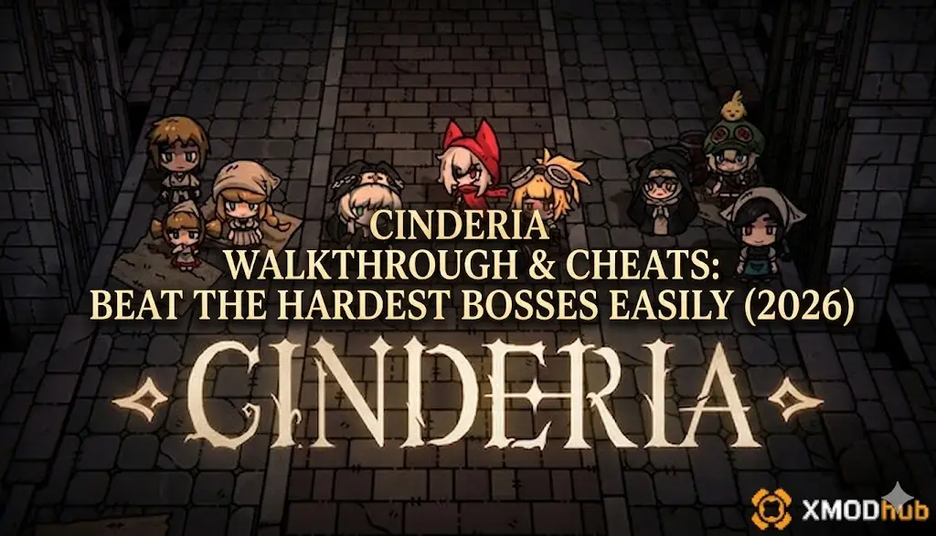 Шапка блога для Руководства и Читов Cinderia 2026, с изображением девяти чиби-персонажей, стилизованным текстом заголовка и логотипом XMODhub.