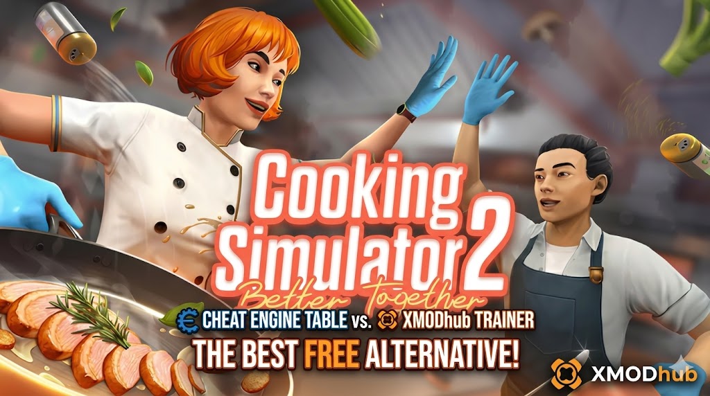 Промо-графика для Cooking Simulator 2, сравнивающая трейнеры XMODhub и таблицы Cheat Engine. Изображены повара, дающие друг другу пять.