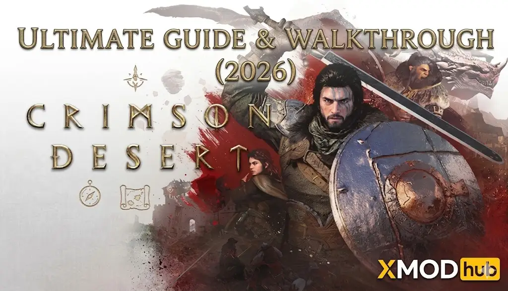 Crimson Desert game cover featuring Macduff with ultimate guide & walkthrough text and XMODhub logo.
