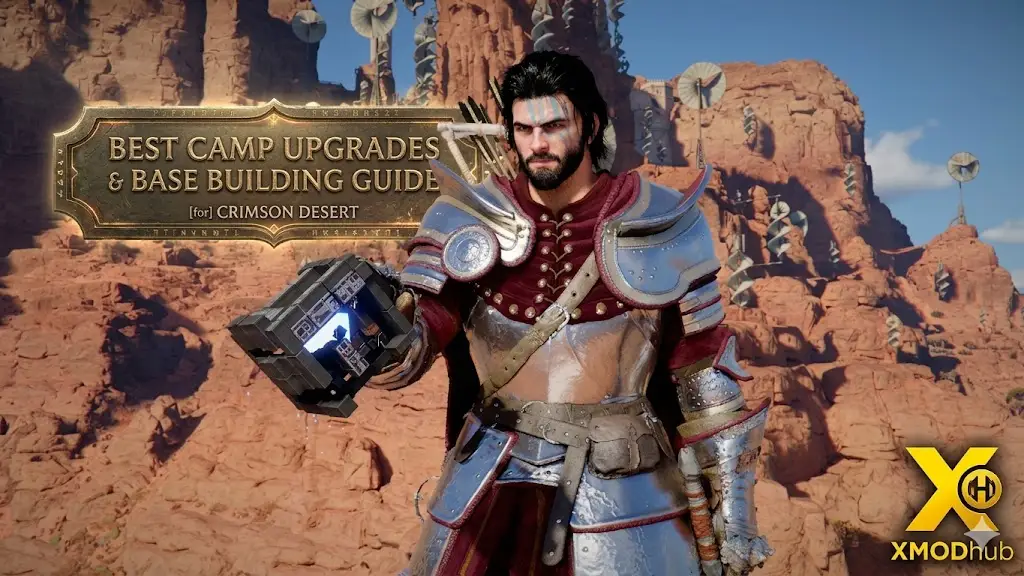 A Crimson Desert guide header showing a warrior in silver armor holding a glowing cube in a desert.