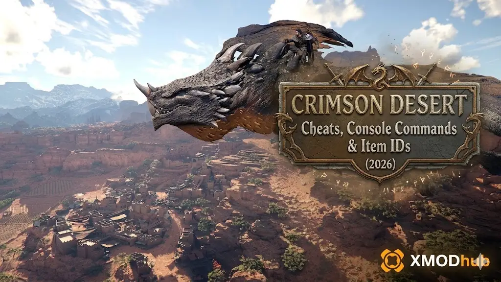 A warrior on a giant black dragon over a desert city. Text on the right lists cheats and console commands for Crimson Desert (2026) guide.