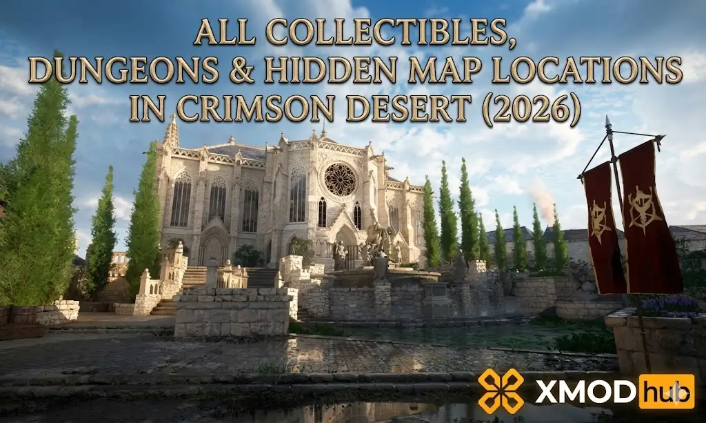 Blog header for a Crimson Desert (2026) guide with text, featuring a cathedral backdrop and the XMODhub logo.