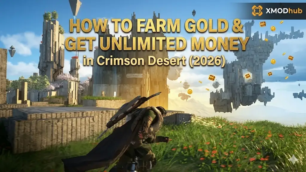 Guide thumbnail for Crimson Desert game. Text overlay reads: 'HOW TO FARM GOLD & GET UNLIMITED MONEY'. Features a running character in dark armor facing massive floating city structures with floating gold coins and chests. 