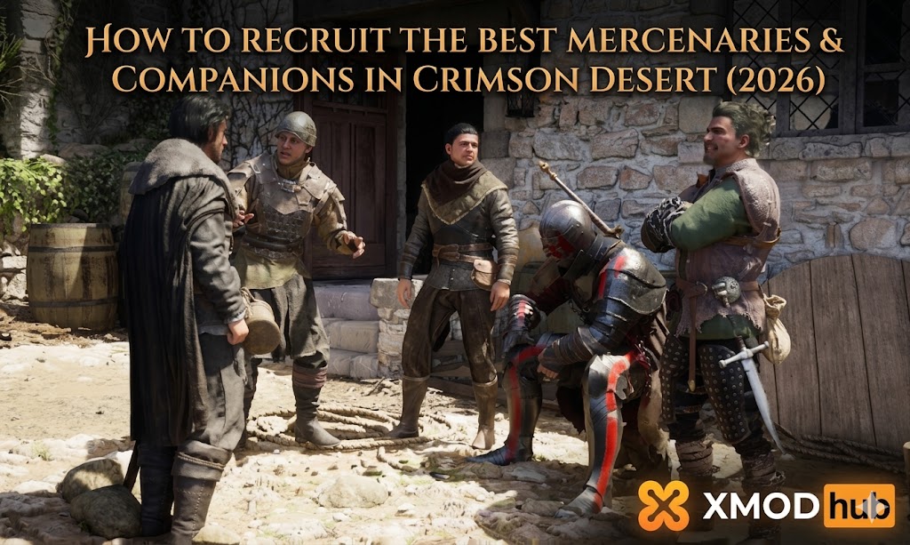 XMODhub guide thumbnail for recruiting mercenaries in Crimson Desert (2026).