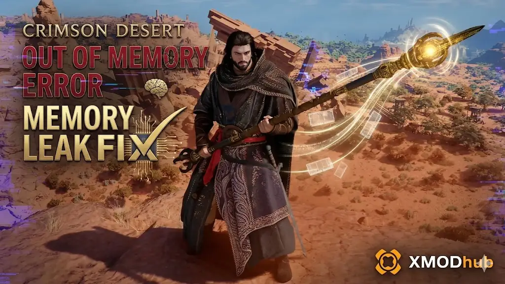 A cinematic Crimson Desert screenshot of a warrior on a rocky outcrop under a vast desert sky. 