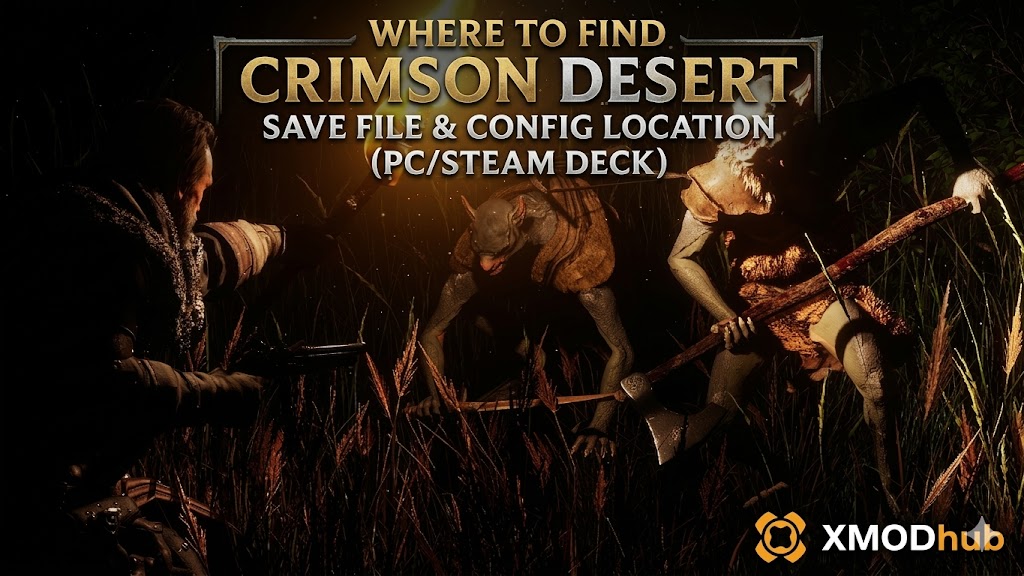 Dramatic game guide artwork showing a hunter with a lit torch confronting a bat-creature and an axe-wielding creature in a field of tall grass.