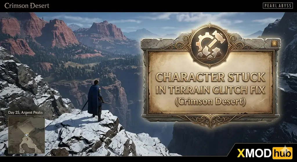 Header for Crimson Desert stuck in terrain glitch fix guide, showing lone warrior on mountain peak overlooking valley.