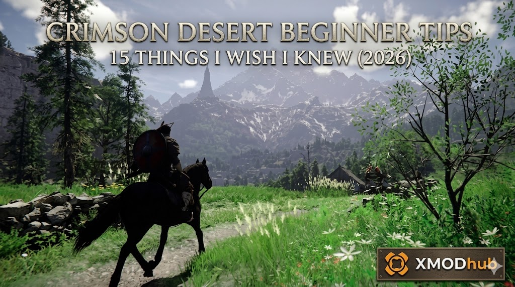 Thumbnail for Crimson Desert game guide with a horse rider heading towards mountains and text overlay reading "CRIMSON DESERT BEGINNER TIPS".