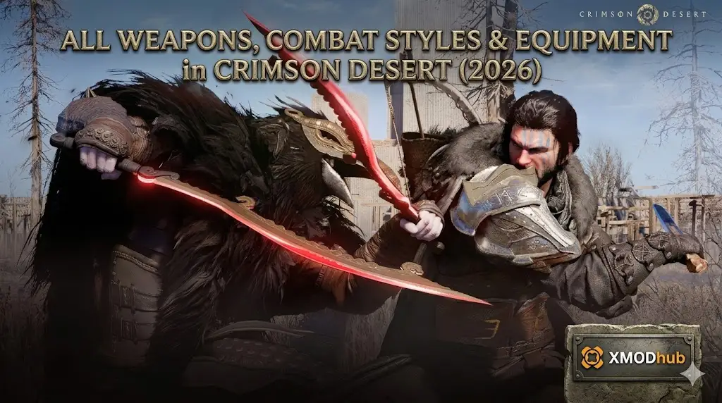 A low-angle shot of two Crimson Desert fantasy warriors clashing in a duel, using glowing red-edged weapons.