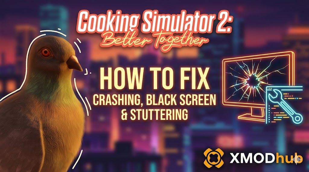 Миниатюра руководства по исправлению вылетов Cooking Simulator 2: Better Together с голубем и неоновыми иконками.