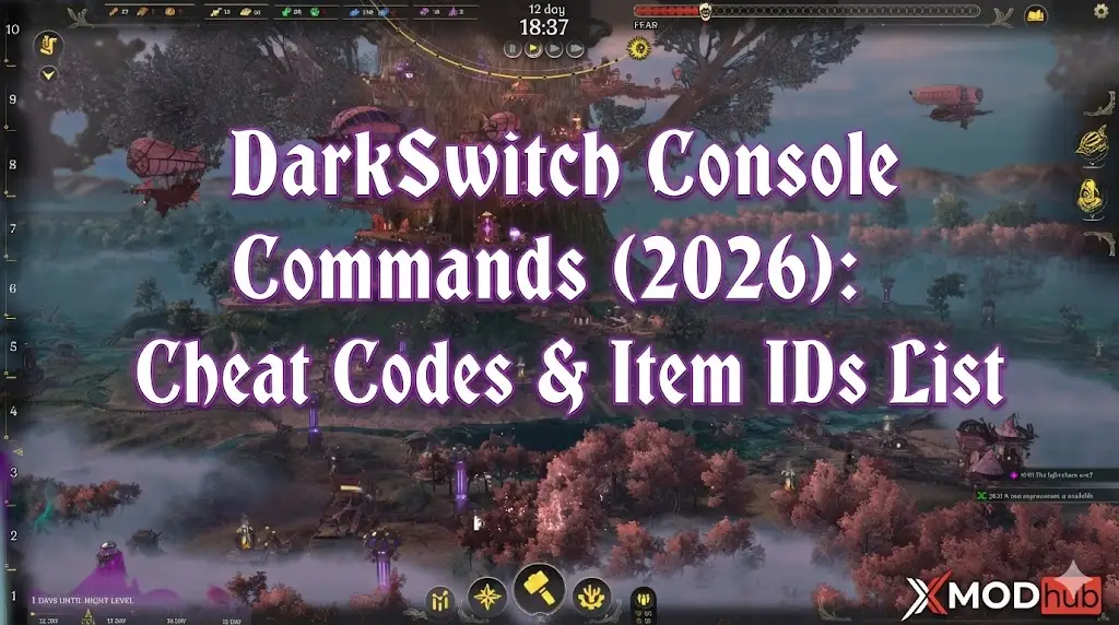 DarkSwitch game header: Console commands and cheat codes list 2026 XMODhub.