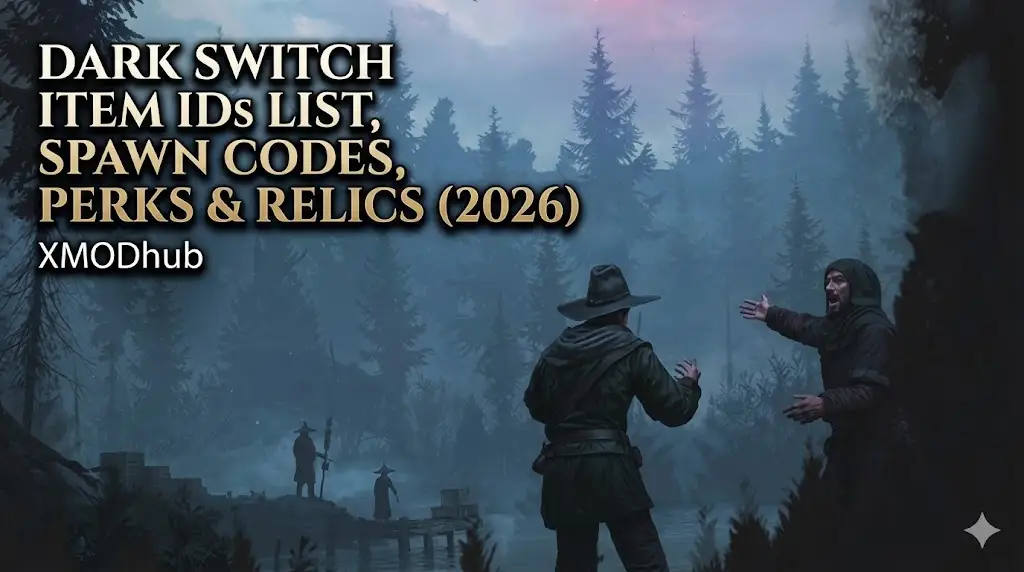DarkSwitch game header: Item IDs, spawn codes, perks, relics list 2026 XMODhub.