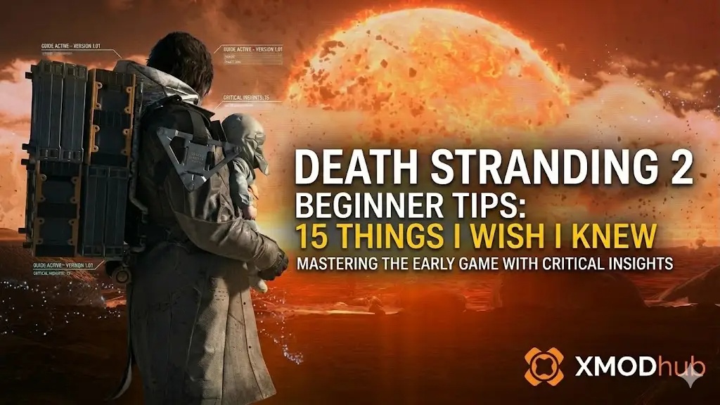 Руководство с советами для начинающих по Death Stranding 2: Сэм Портер Бриджес с ББ на фоне кинематографичного оранжевого взрыва и логотип XMODhub.