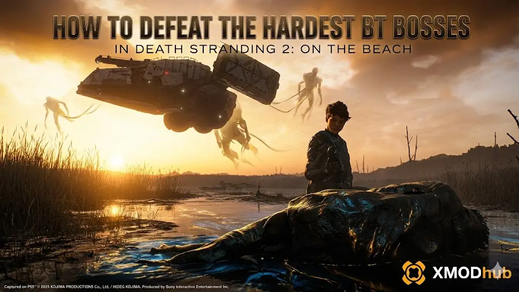 Миниатюра руководства по игре Death Stranding 2: текст «Как победить самых сложных боссов-Тварей» на фоне персонажа и арта с мертвой Тварью на закате с логотипом XMODhub.