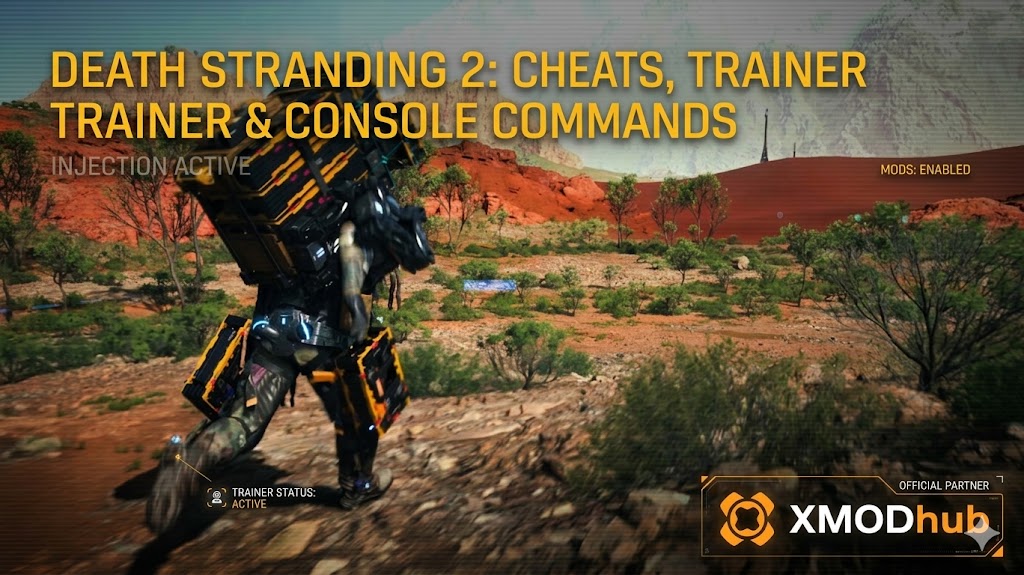 Death Stranding 2: On The Beach - Cheats, Trainer, and Console Commands guide with XMODhub logo.