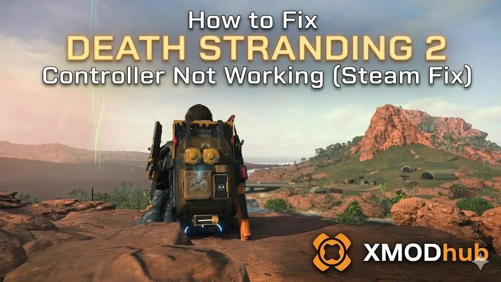 Guide for fixing Death Stranding 2 controller issues on Steam featuring XMODhub logo.