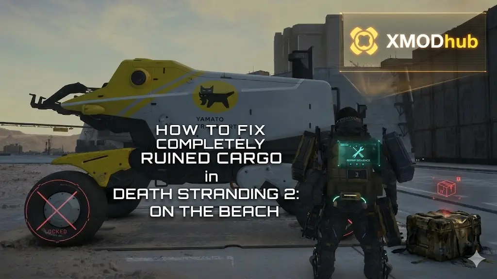 A guide image for Death Stranding 2: On The Beach showing a character and delivery vehicle, explaining how to repair ruined cargo.