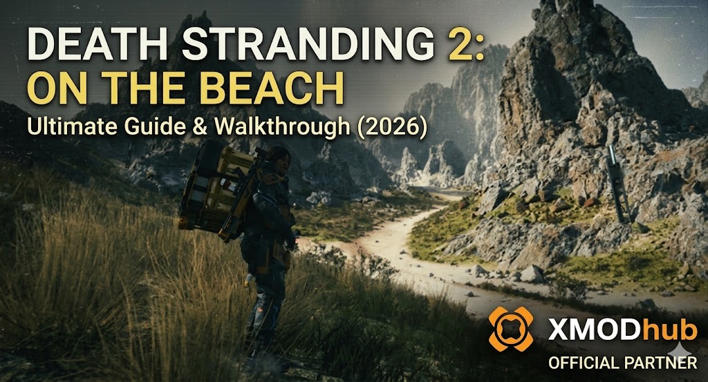 Death Stranding 2 On The Beach ultimate guide banner featuring Sam Bridges in a rocky landscape with XMODhub branding.