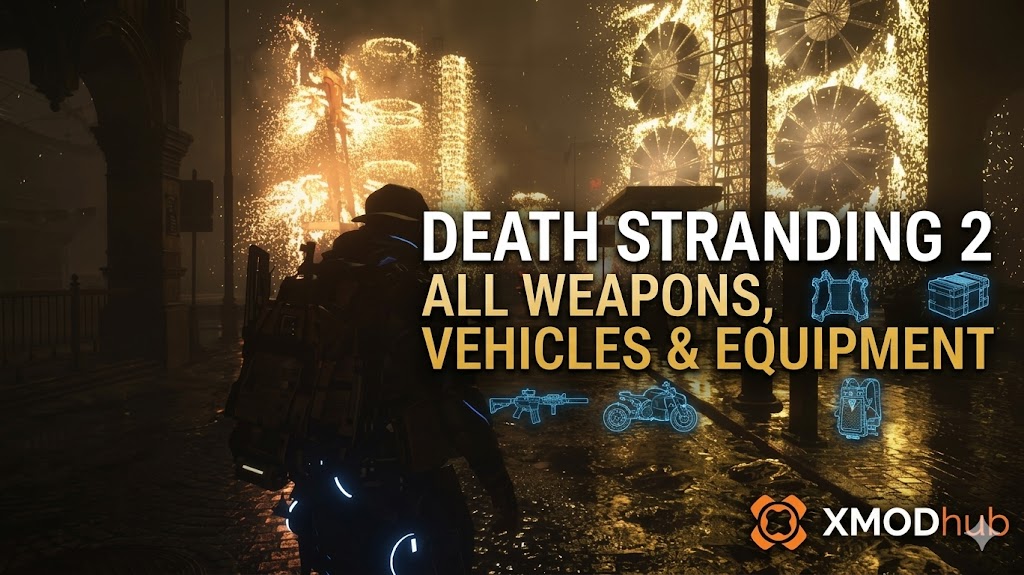 Death Stranding 2 weapons and equipment guide banner featuring cinematic game art and XMODhub logo.