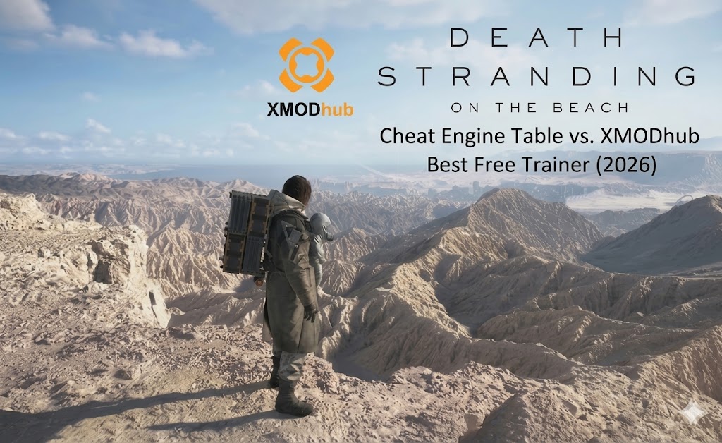 Death Stranding 2 gameplay background with XMODhub logo and text comparing Cheat Engine Tables vs. XMODhub Best Free Trainer 2026.