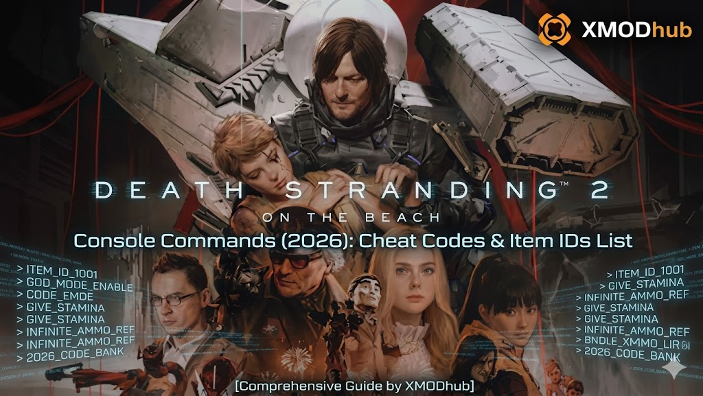 Cover art for Death Stranding 2: On The Beach, featuring main characters, command lists (cheats and item IDs), and the XMODhub logo.