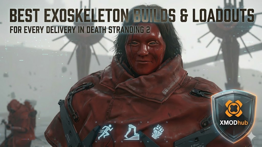Руководство по сборкам экзоскелетов в Death Stranding 2 с логотипом XMODhub.