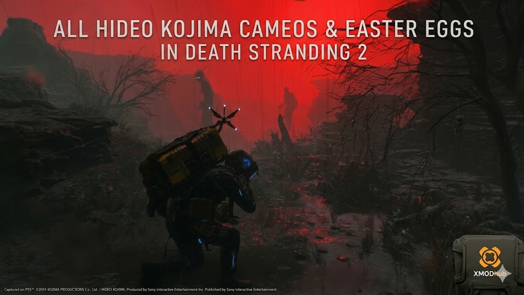 Blog header for Hideo Kojima cameos and easter eggs in Death Stranding 2 with the yellow XMODhub logo.