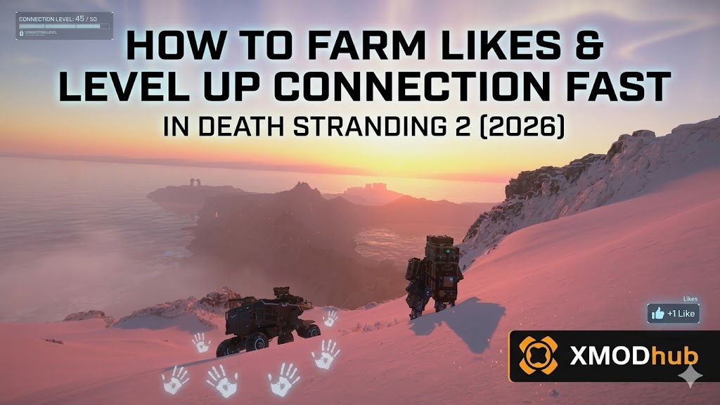 Кинематографичный скриншот из руководства по Death Stranding 2 (2026). Транспорт и двуногий грузовой мех на фоне розового заснеженного пейзажа на закате.