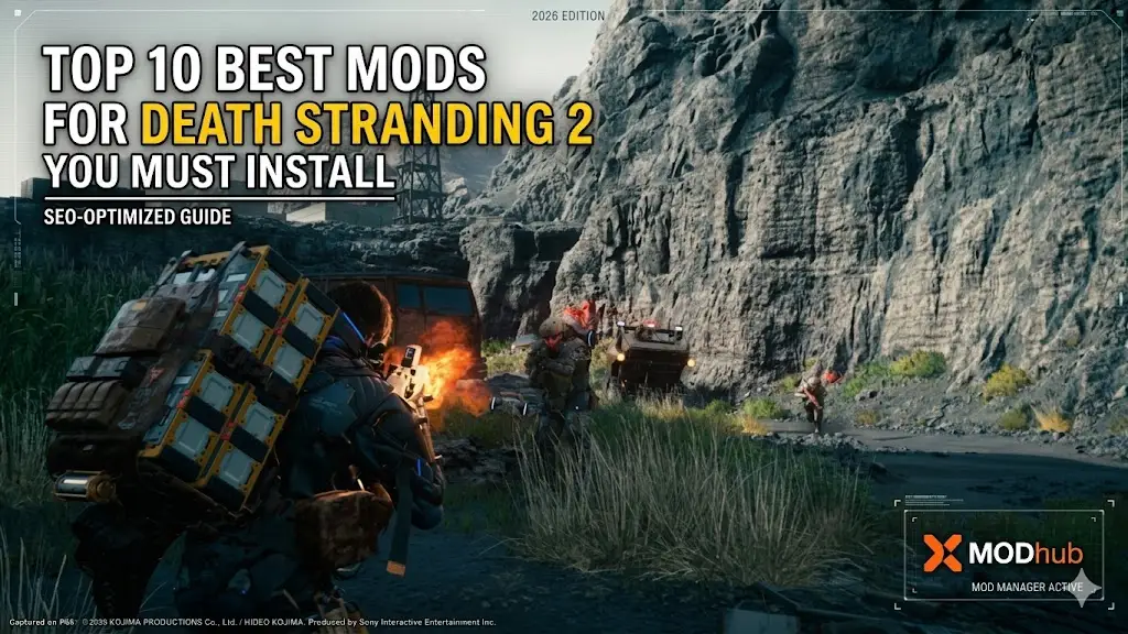 Death Stranding 2: TOP 10 BEST MODS guide featuring character in battle and XMODhub logo.