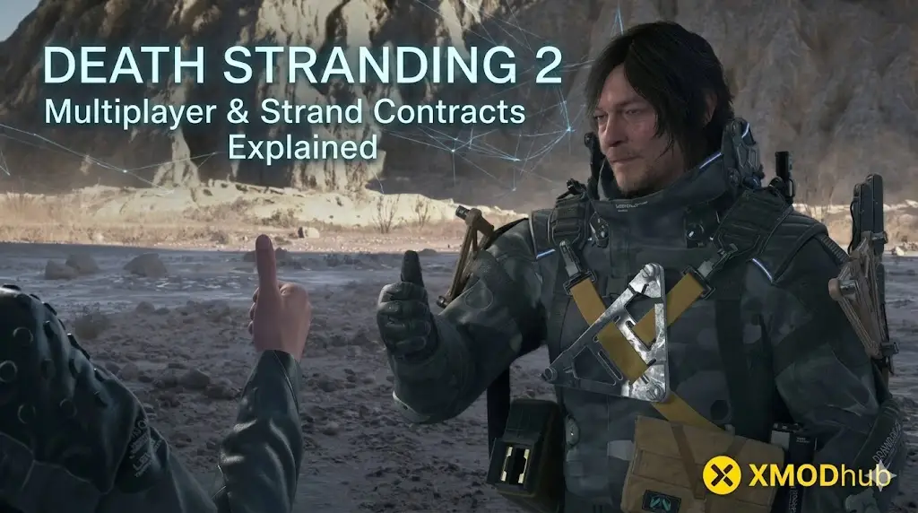 Death Stranding 2 Multiplayer & Strand Contracts Explained blog header featuring Sam Bridges and the XMODhub logo.