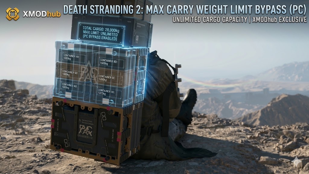 Death Stranding 2 PC guide: Max carry weight limit bypass featuring a character with massive cargo, holographic UI, and XMODhub logo.