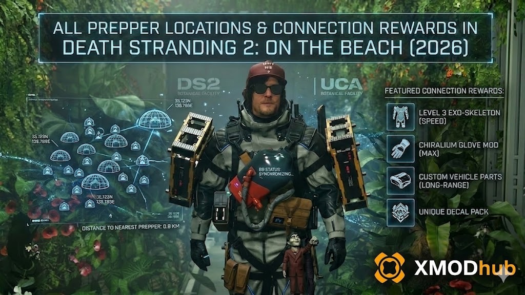Death Stranding 2 prepper locations and connection rewards guide with XMODhub logo.