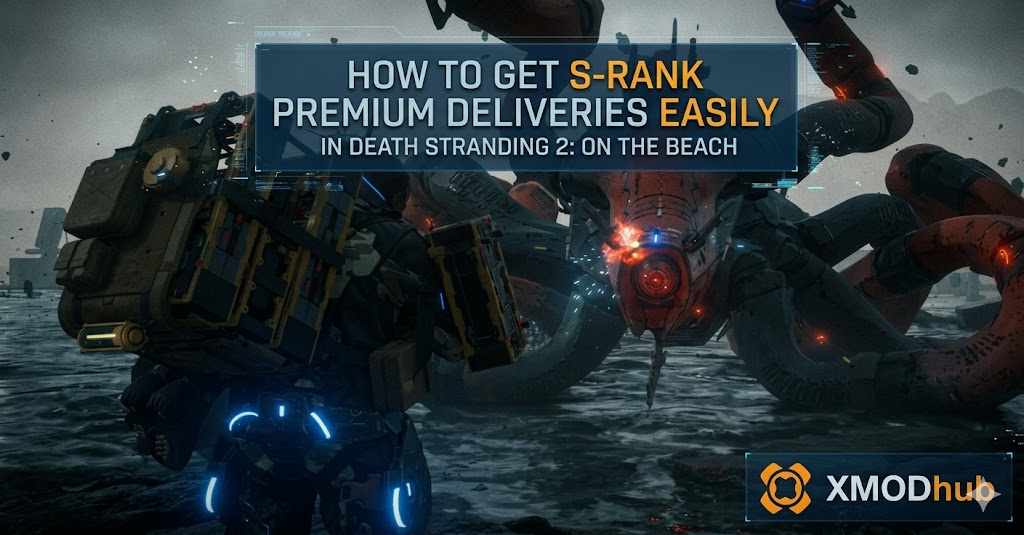 Обложка руководства Death Stranding 2 по премиум-доставкам ранга S с изображением битвы с боссом и логотипом XMODhub.