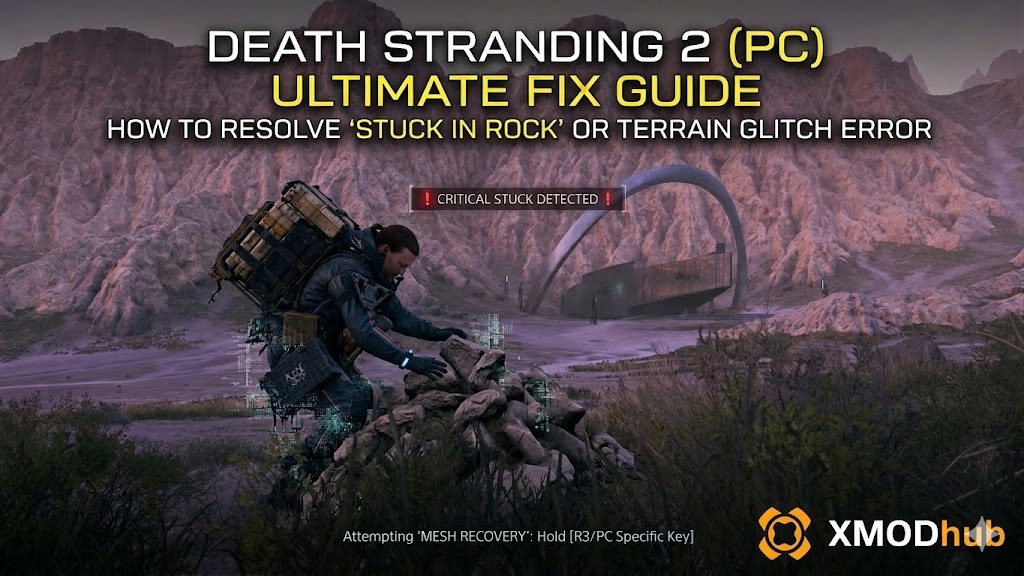 Guide image for Death Stranding 2 (PC) on fixing character stuck in rock or terrain glitches, featuring a Porter with cargo kneeling in a glitched area.